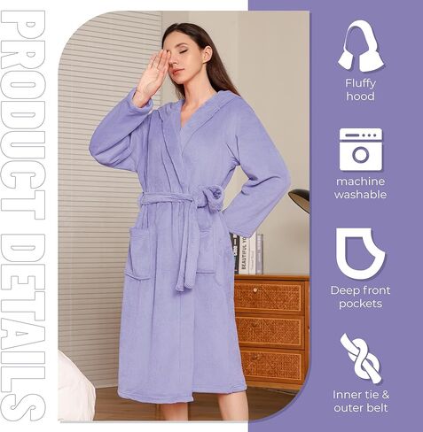 LYCY Womens Hooded Plush Long Robe, Soft Warm Bathrobe for Women Mid-Length Fluffy Spa Robe in Kuwait