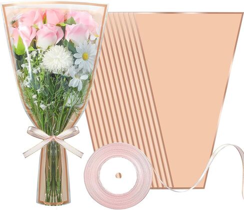 50 PCS Flower Wrapping Bags for Bouquets Pink Floral Bouquet Packing Sleeves with Ribbon 17 x 11 Inches Plastic Flower Bouquet Sleeve for Birthday Mother's Day Wedding Graduation Florist Supplies in Saudi Arabia