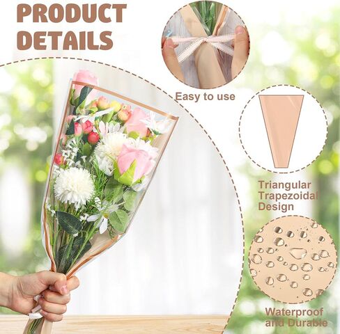 50 PCS Flower Wrapping Bags for Bouquets Pink Floral Bouquet Packing Sleeves with Ribbon 17 x 11 Inches Plastic Flower Bouquet Sleeve for Birthday Mother's Day Wedding Graduation Florist Supplies in Saudi Arabia