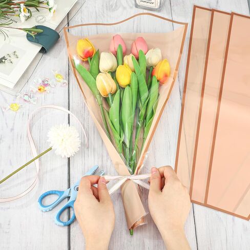 50 PCS Flower Wrapping Bags for Bouquets Pink Floral Bouquet Packing Sleeves with Ribbon 17 x 11 Inches Plastic Flower Bouquet Sleeve for Birthday Mother's Day Wedding Graduation Florist Supplies in Saudi Arabia