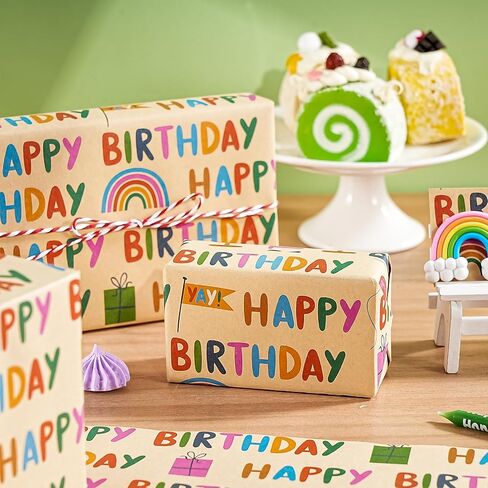 WRAPAHOLIC Kraft Birthday Wrapping Paper Sheet - 12 Sheets Folded Brown Kraft Paper Bright Balloon Design 4 Style for Birthday - 19.7 x 27.5 Inch per Sheet in Saudi Arabia