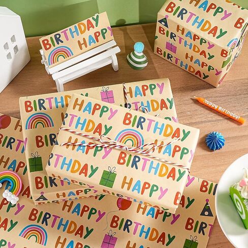 WRAPAHOLIC Kraft Birthday Wrapping Paper Sheet - 12 Sheets Folded Brown Kraft Paper Bright Balloon Design 4 Style for Birthday - 19.7 x 27.5 Inch per Sheet in Saudi Arabia