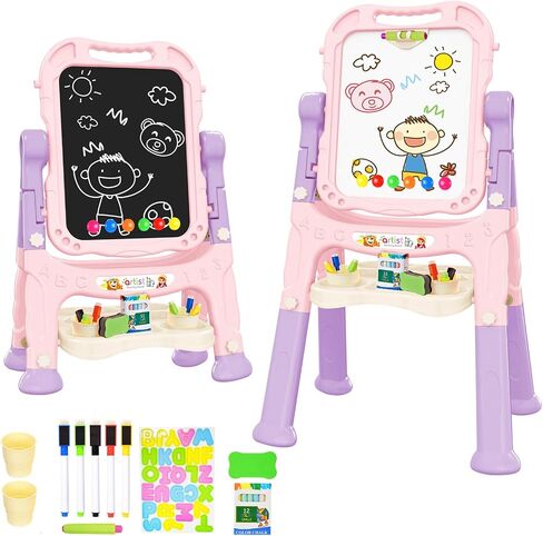 Amagoing Easel for Kids for Age 2-4, Adjustable Standing Art Easel for Toddler, Double Magnetic Drawing Board with Painting Accessories, Birthday Christmas Gift Toy for Little Boys and Girls 3 4 5 in Saudi Arabia