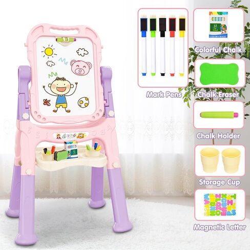 Amagoing Easel for Kids for Age 2-4, Adjustable Standing Art Easel for Toddler, Double Magnetic Drawing Board with Painting Accessories, Birthday Christmas Gift Toy for Little Boys and Girls 3 4 5 in Saudi Arabia