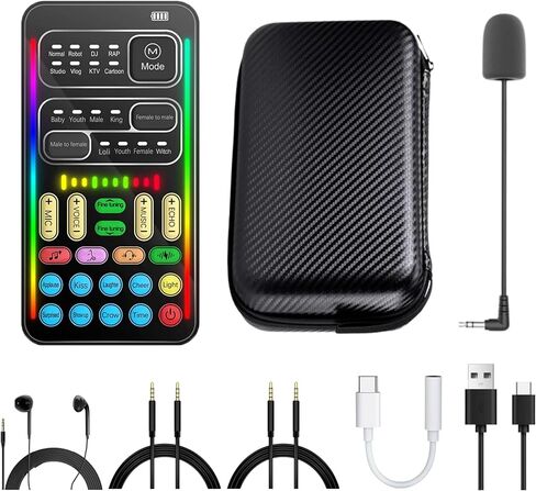 Real-Time Voice Changer with Sound Card – 8 Voice Effects, Full Accessories Included (Mini Mic, Monitor Earphone, 2 Adapters), Plug & Play, Compatible with PC, PS5, Xbox, Switch, Android & iOS in Saudi Arabia