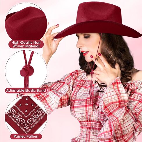 6 Sets Adult Cowboy Hat for Women and Men Western Cowgirl Hats with Adjustable Drawstring and Cowboy Party Paisley Bandana in Kuwait