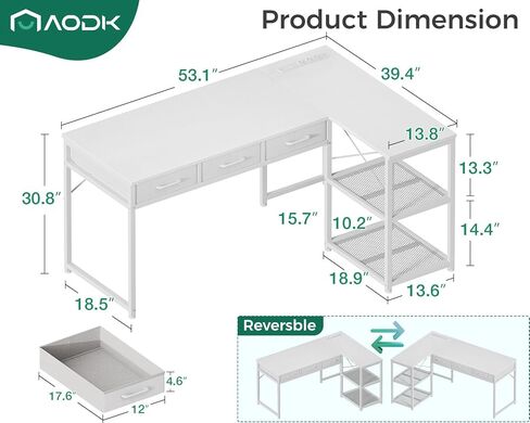 AODK 53 بوصة L على شكل L على شكل أدراج ومكتب الزاوية مع منافذ الطاقة ورفوف التخزين القابلة للانعكاس ، ومكافحة المعالجة المركزية المنقولة لألعاب المكتب المنزلي ، الأبيض in Kuwait