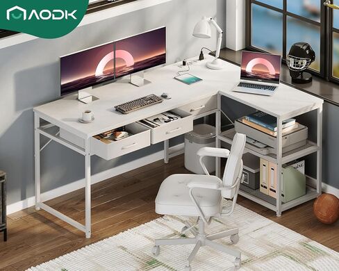 AODK 53 بوصة L على شكل L على شكل أدراج ومكتب الزاوية مع منافذ الطاقة ورفوف التخزين القابلة للانعكاس ، ومكافحة المعالجة المركزية المنقولة لألعاب المكتب المنزلي ، الأبيض in Kuwait