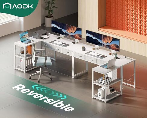 AODK 53 بوصة L على شكل L على شكل أدراج ومكتب الزاوية مع منافذ الطاقة ورفوف التخزين القابلة للانعكاس ، ومكافحة المعالجة المركزية المنقولة لألعاب المكتب المنزلي ، الأبيض in Kuwait