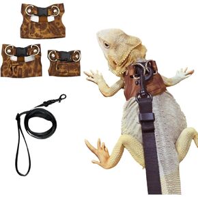 3 Pack Bearded Dragon Harness and Leash Set - Adjustable Soft Leather Lizard Harness Leash Small Animal Traction Rope Training Walking Vest Accessories for Reptile Squirrel Rat (Brown) in Kuwait