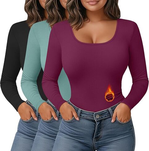 Ficerd 3 Pack Women's Plus Size Thermal Shirts Fleece Lined Scoop Neck Long Sleeve Tops Fitted Winter Base Layer Underwear in Kuwait