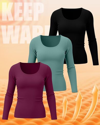 Ficerd 3 Pack Women's Plus Size Thermal Shirts Fleece Lined Scoop Neck Long Sleeve Tops Fitted Winter Base Layer Underwear in Kuwait