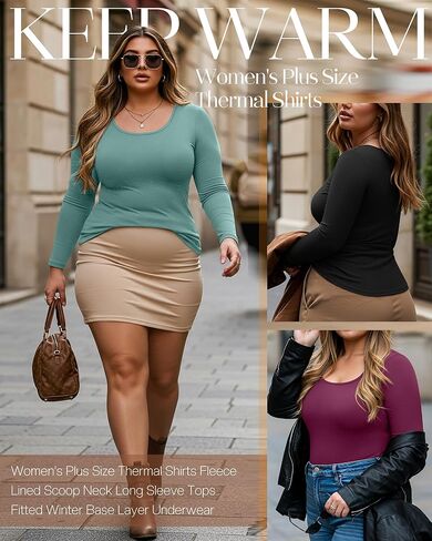 Ficerd 3 Pack Women's Plus Size Thermal Shirts Fleece Lined Scoop Neck Long Sleeve Tops Fitted Winter Base Layer Underwear in Kuwait