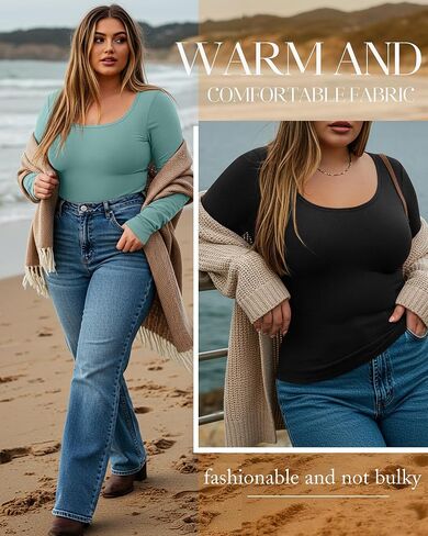Ficerd 3 Pack Women's Plus Size Thermal Shirts Fleece Lined Scoop Neck Long Sleeve Tops Fitted Winter Base Layer Underwear in Kuwait