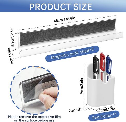 2Pcs Magnetic Book Shelf for Whiteboard Classroom,Reusable Acrylic Magnetic Book Holderand Magnetic Pen Holder,Floating Book Display Shelf for Teacher Kids Room Office Refrigerator,White,43cm/16.9inch in Saudi Arabia