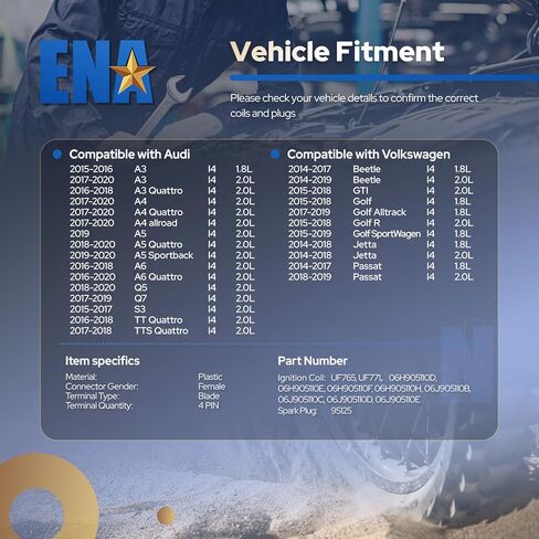 مجموعة ENA مكونة من 4 ملفات إشعال متوافقة مع Volkswagen Audi A3 A4 A5 A6 A8 TT Quattro Q2 Q3 Q5 Q7 Q8 RS3 RS5 S3 S4 S5 S7 S8 Beetle Golf Jetta Passat 1.8L 2.0L لاستبدال 06J905110G 06K905110K in Saudi Arabia