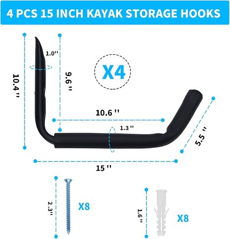 120 lbs kayak wall mount - 15" wide garage hooks - durable kayak storage hangers and heavy-duty garage hooks, also suitable for canoe, lumber, and tool wall mount(Black,15"-4Pack) in Saudi Arabia