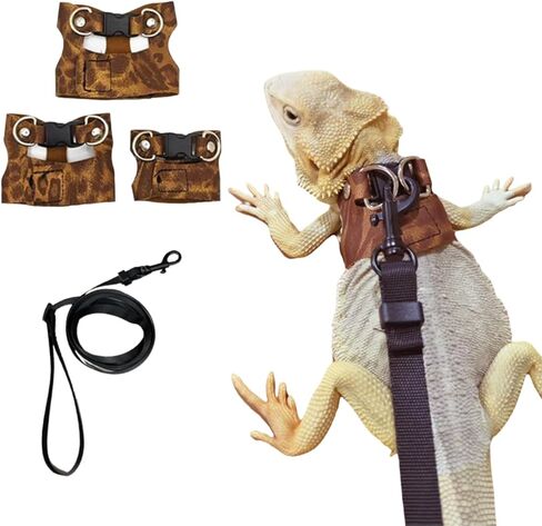 3 Pack Bearded Dragon Harness and Leash Set - Adjustable Soft Leather Lizard Harness Leash Small Animal Traction Rope Training Walking Vest Accessories for Reptile Squirrel Rat (Brown) in Kuwait