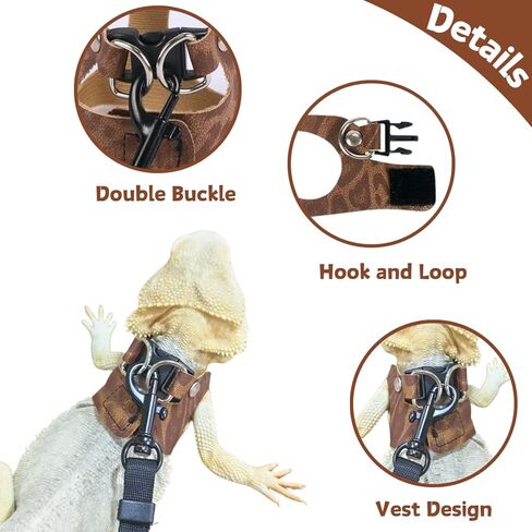 3 Pack Bearded Dragon Harness and Leash Set - Adjustable Soft Leather Lizard Harness Leash Small Animal Traction Rope Training Walking Vest Accessories for Reptile Squirrel Rat (Brown) in Kuwait
