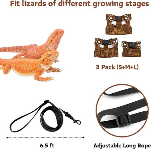 3 Pack Bearded Dragon Harness and Leash Set - Adjustable Soft Leather Lizard Harness Leash Small Animal Traction Rope Training Walking Vest Accessories for Reptile Squirrel Rat (Brown) in Kuwait