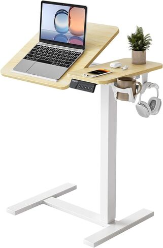 YIHAYO Electric Adjustable Overbed Bedside Table with Wheels, 24 x 16 Inches Mobile Standing Desk, Laptop Desk, Movable Overbed Tables Hospital Home Use, Rustic Brown in Saudi Arabia