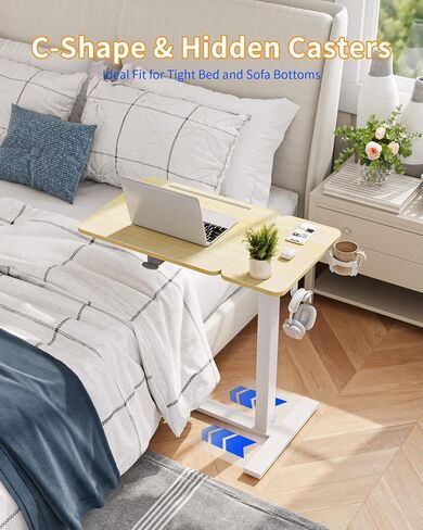 YIHAYO Electric Adjustable Overbed Bedside Table with Wheels, 24 x 16 Inches Mobile Standing Desk, Laptop Desk, Movable Overbed Tables Hospital Home Use, Rustic Brown in Saudi Arabia