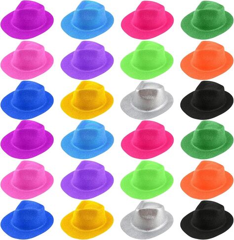24 Pcs Neon Party Hats Bulk Plastic Fedora Party Hats Glitter Party Gangster Hats for Adult Kids Happy New Year Party Supplies Photo Booth Props, 6 Colors in Kuwait