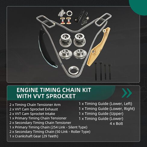 9-0738SAVVT1 مجموعة توقيت مجموعة سلسلة توقيت مع 2 pcs vvt Sprockets و 4 pcs VVT الملفات الملفات ، متوافقة مع Ford F-150 V6 3.5L 2011-2013#OE AT4Z6256B ، AT4Z6C525D ، AT4Z6268B ، AT4Z6268A ، AT4Z6K254A in Kuwait