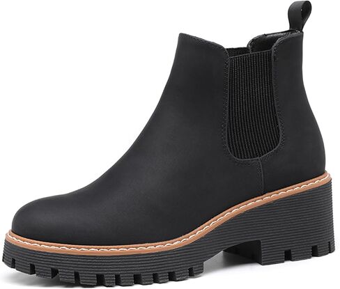 DECARSDZ Womens Chunky Platform Chelsea Boot With Elastic Low Wedge Heel Slip On For Fall Work Suede Leather Classic Style Ankle Boots Women in Kuwait