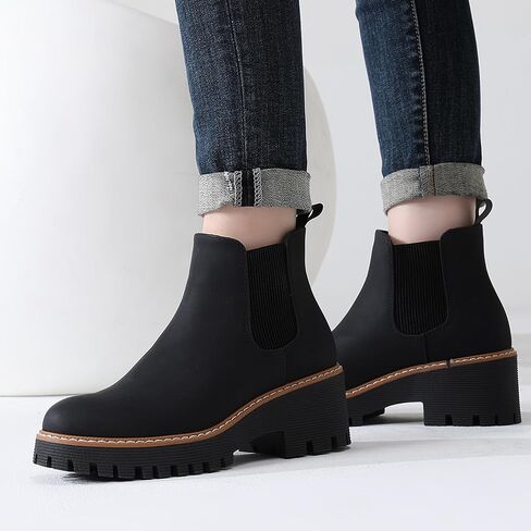 DECARSDZ Womens Chunky Platform Chelsea Boot With Elastic Low Wedge Heel Slip On For Fall Work Suede Leather Classic Style Ankle Boots Women in Kuwait