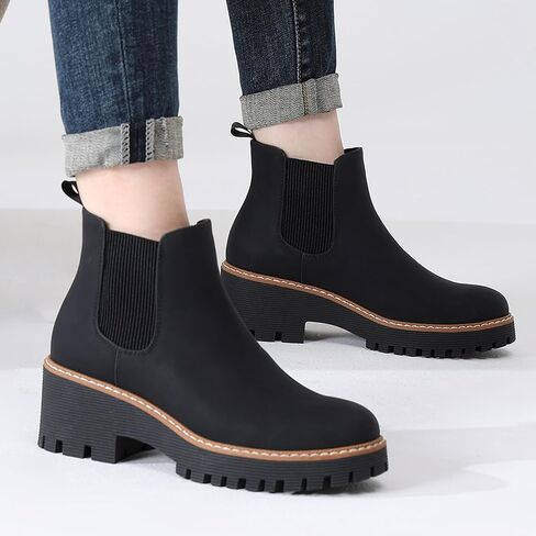 DECARSDZ Womens Chunky Platform Chelsea Boot With Elastic Low Wedge Heel Slip On For Fall Work Suede Leather Classic Style Ankle Boots Women in Kuwait