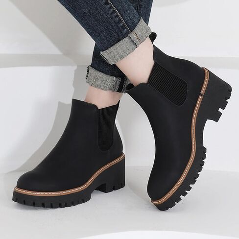 DECARSDZ Womens Chunky Platform Chelsea Boot With Elastic Low Wedge Heel Slip On For Fall Work Suede Leather Classic Style Ankle Boots Women in Kuwait