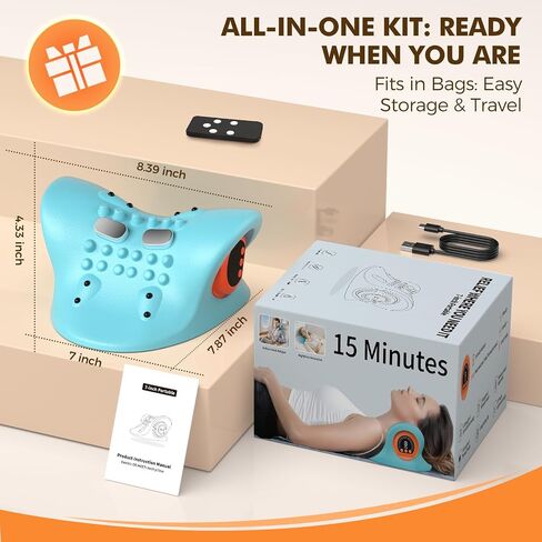 Neck Massager 2025 Portable Neck Traction Device, Cervical Stretcher with Heating & Vibration – Relieve Muscle Tension, 3-in-1neck Pillow Customizable Massage Modes with Wireless Remote Control in Saudi Arabia