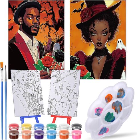 Blosssound 2 Pack Pack Fulles Preghed Canvas مجموعات 5 "× 7" عيد الحب مسبقات الطلاء اللوحة الطلاء واللوازم الحفلات SIP لمجموعة DIY Date Night Painting للأزواج (زوجين أنيقين) in Kuwait