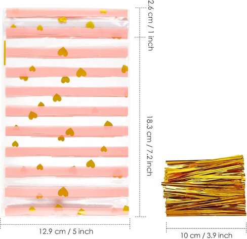 JOERSH 100 Pack Pink Cellophane Treat Bags 8.1" x 5" Bottom Gusset Pink Plastic Candy Bags with Twist Ties for Valentine, Birthday, Gift Goodie Cookie Snack Party Favor Supplies in Saudi Arabia