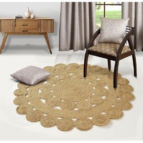 GRUHUM Round Jute Area Rug 8ft Natural Fiber Multicolour Handmade Boho Charm Farmhouse Soft Braided Rustic Vintage Rug for Indoor Kitchen Bedroom Living Room Hallways Enterways(8' feet Round) in Kuwait