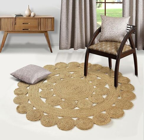 GRUHUM Round Jute Area Rug 8ft Natural Fiber Multicolour Handmade Boho Charm Farmhouse Soft Braided Rustic Vintage Rug for Indoor Kitchen Bedroom Living Room Hallways Enterways(8' feet Round) in Kuwait