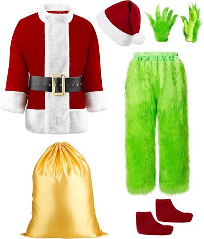 Green Santa Costumes Deluxe Furry Santa Suit for Men 8Pcs Christmas Halloween Costumes Adult Green Santa Outfit in Saudi Arabia