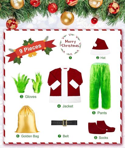 Green Santa Costumes Deluxe Furry Santa Suit for Men 8Pcs Christmas Halloween Costumes Adult Green Santa Outfit in Saudi Arabia