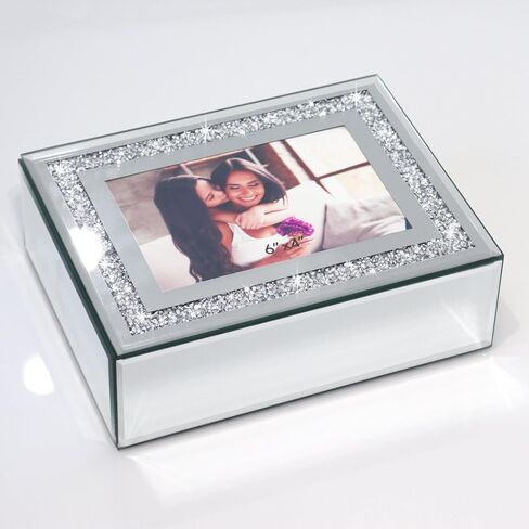 QMDECOR Luxury Silver Crushed Diamond Glass Mirrored Jewelry Box Organizer Storage Jewelry Box For Women in Kuwait