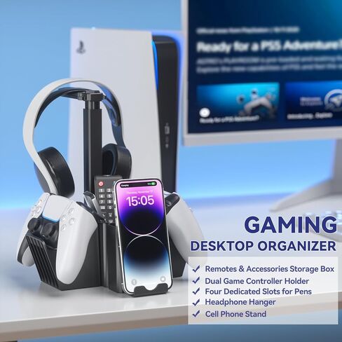 حامل وحدة تحكم مزدوجة KDD مع حامل سماعة الرأس - صندوق تخزين المكتب متعدد الوظائف مع حامل الهاتف - موقف وحدة تحكم عالمي مع منظم سطح المكتب لإكسسوارات القلم عن بعد (أبيض) in Saudi Arabia