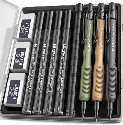 Nicpro 3 PCS 1.3 mm Mechanical Pencil Set with 72 PCS Lead Refill,3 Erasers-HD1000 Carpenter Pencils, Weatherproof Metal Heavy Duty Construction Pencil for Outdoor Marking Drafting Drawing Woodworking in Saudi Arabia