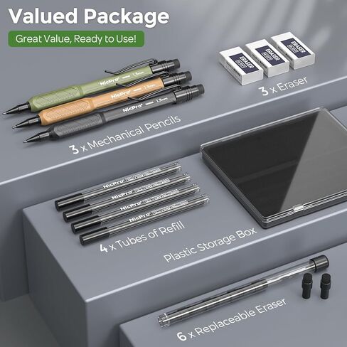Nicpro 3 PCS 1.3 mm Mechanical Pencil Set with 72 PCS Lead Refill,3 Erasers-HD1000 Carpenter Pencils, Weatherproof Metal Heavy Duty Construction Pencil for Outdoor Marking Drafting Drawing Woodworking in Saudi Arabia