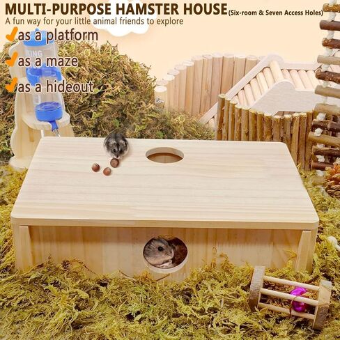 kathson Multi Chamber Hamster Hideout House,Wooden Syrian Hamster Maze House,Small Pets Habitats Decor,6-Room Hideouts & Tunnel Exploring Toys for Dwarf Hamsters,Gerbils,Mice,Lemmings,Mouse in Saudi Arabia