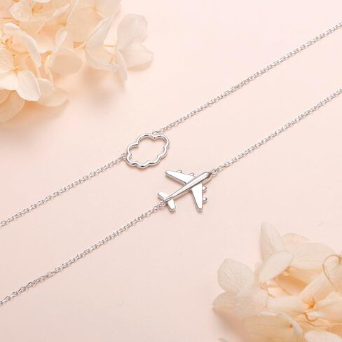 Airplane Necklace 925 Sterling Silver Layered Choker Necklace for Women Mother Daughter, Best Gifts for Stewardess Flight Attendants Pilots Airplane Jewelry Souvenirs (Layered Necklace) in Kuwait