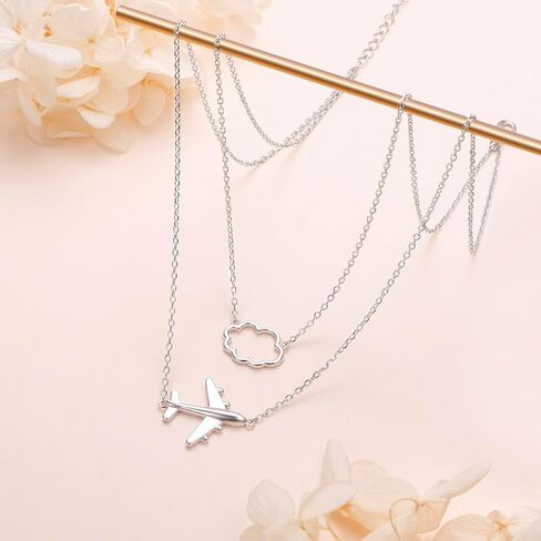 Airplane Necklace 925 Sterling Silver Layered Choker Necklace for Women Mother Daughter, Best Gifts for Stewardess Flight Attendants Pilots Airplane Jewelry Souvenirs (Layered Necklace) in Kuwait