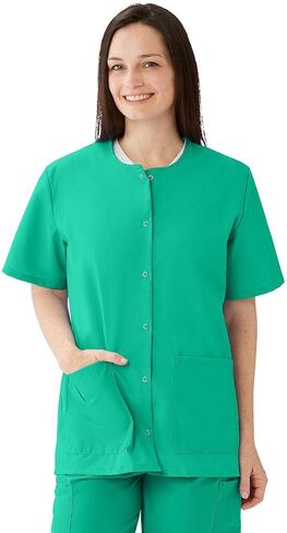 Medline Angelstat Women's Snap-Pront Jewel-Neckline Scrub Top ، اثنين من الجيوب ، اليشم ، الحجم L. in Saudi Arabia