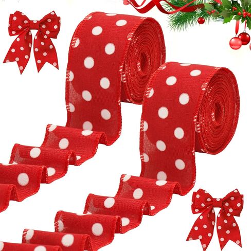 Anwyll Burlap Christmas Ribbon ، 2-1/2 بوصة × 22 ياردة حمراء اللون الأخضر البولكا نقطة سلك in Kuwait