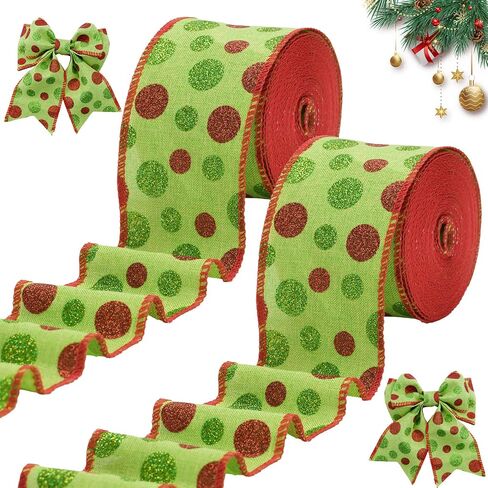 Anwyll Burlap Christmas Ribbon ، 2-1/2 بوصة × 22 ياردة حمراء اللون الأخضر البولكا نقطة سلك in Kuwait