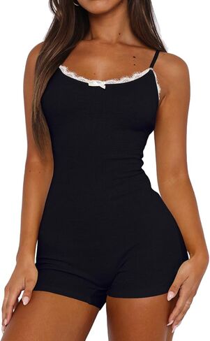 Lacozy Sexy One Piece Pajamas for Women Lightweight Lace Trim Cute Pjs U Neck Sleeveless Short Romper Onesie Sleepwear in Kuwait